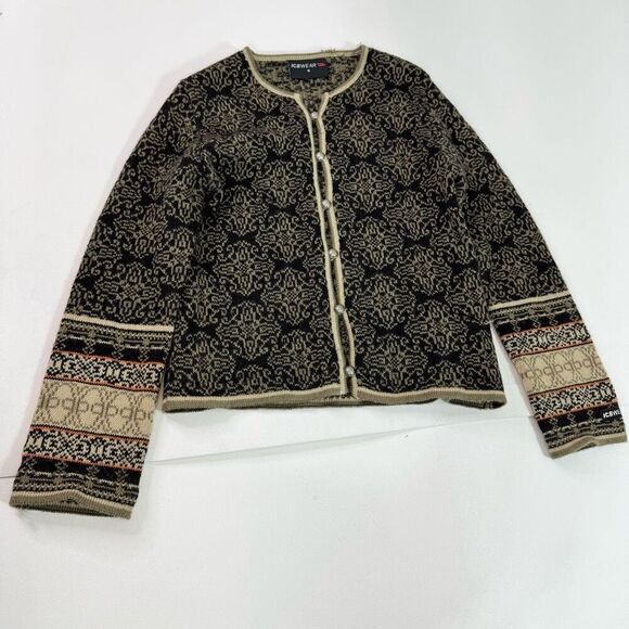 Icewear Sweater Womens Small Cardigan Noridc Fair Isle New Wool Tan Black - Picture 1 of 9